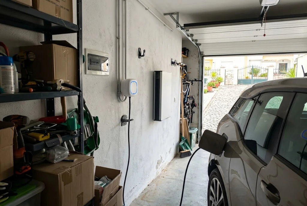 Carregador de parede para carro elétrico instalado numa moradia.
